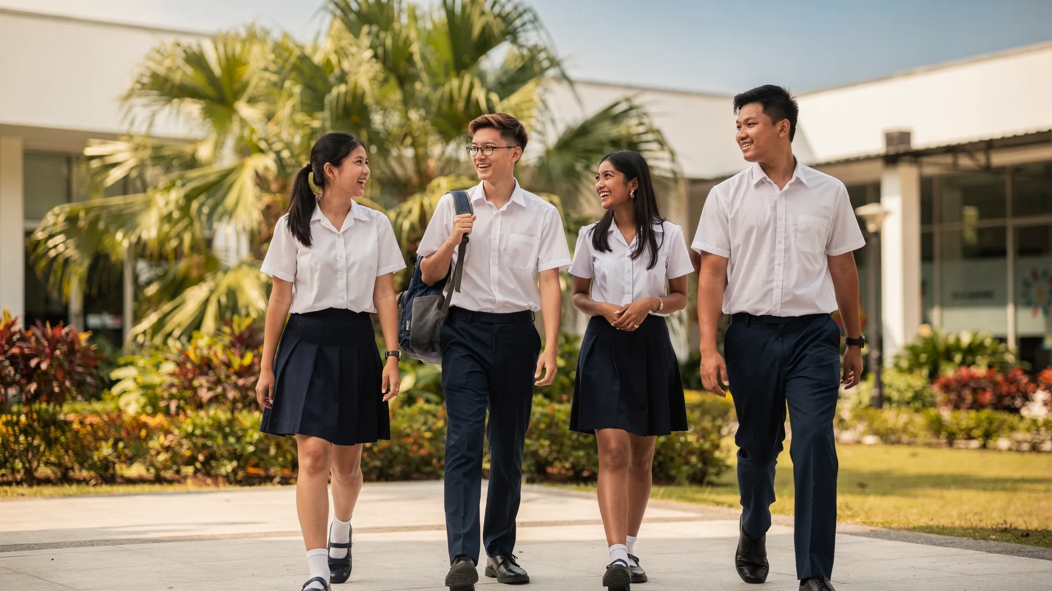 不同国籍的国际学校学生在阳光下的校园中庭结伴同行